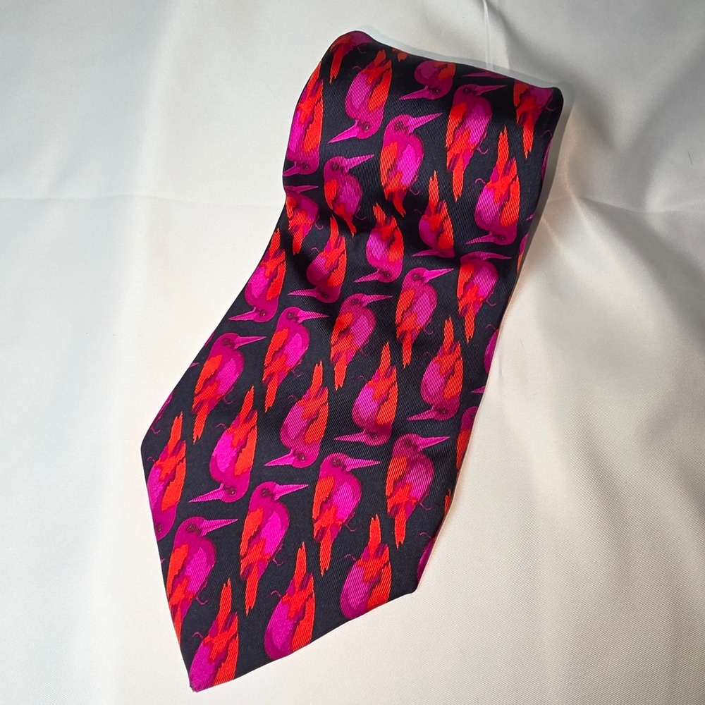 Ken Scott Italy Silk Tie Mens Black Fuchsia Orange Bird Print Designer Necktie